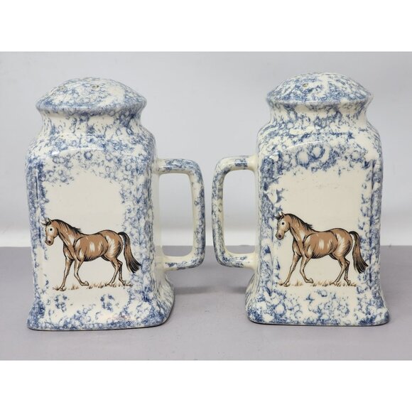 Vintage Ceramic Blue & White Spongeware Horse Salt & Pepper Shakers With Handles - Picture 1 of 8